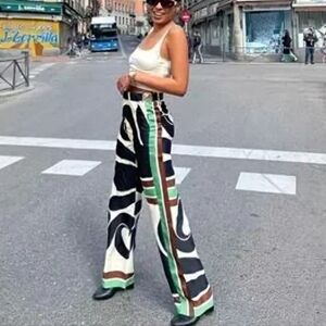 Zara Pants Wide Leg Print Cream Black Swirl XS